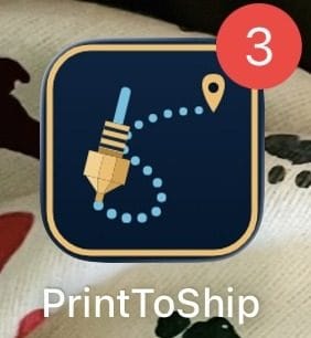 The PrintToShip app icon on an iPhone home screen, badged with a pending count of 3