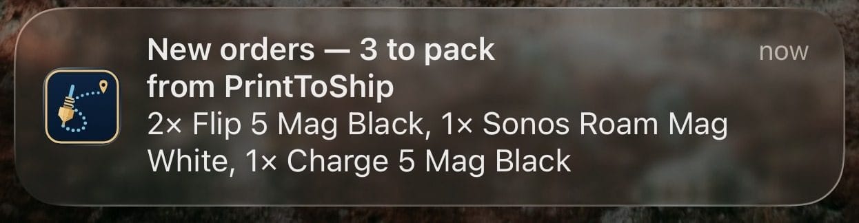 A PrintToShip push notification reading 'New orders — 3 to pack'